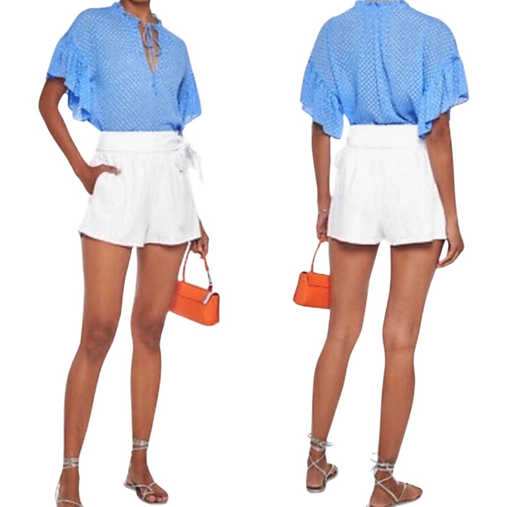 ALICE + OLIVIA Julius Ruffle Peasant Blouse Blue Top Solid Swiss
Dot‎ Ties - Picture 14 of 16
